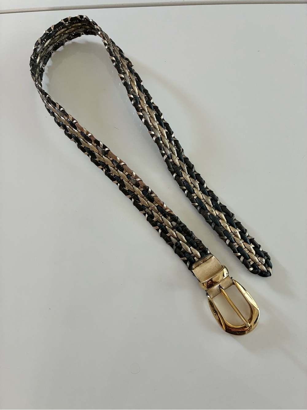 Contemporary Black and Gold Faux Leather Braided Waist Belt with Gold Buckle